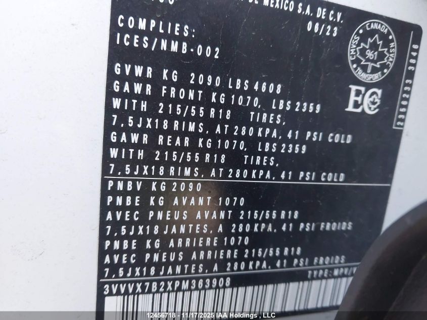 2023 Volkswagen Taos Comfortline VIN: 3VVVX7B2XPM363908 Lot: 12456718X