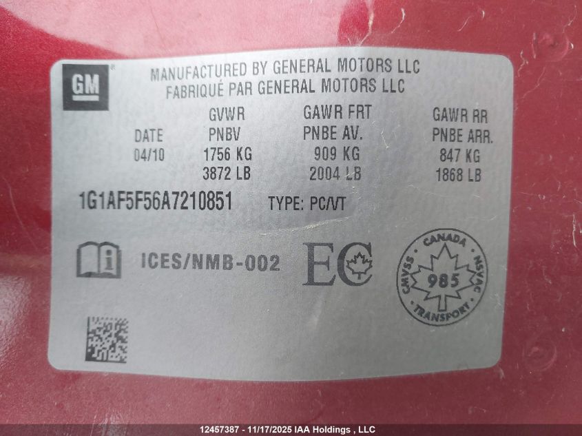 2010 Chevrolet Cobalt Lt VIN: 1G1AF5F56A7210851 Lot: 12457387X