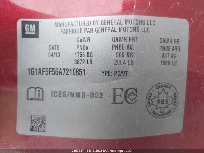 2010 Chevrolet Cobalt Lt VIN: 1G1AF5F56A7210851 Lot: 12457387X