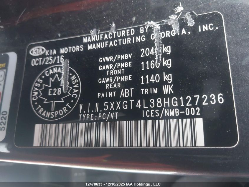 2017 Kia Optima Lx/Lx+ VIN: 5XXGT4L38HG127236 Lot: 12470633