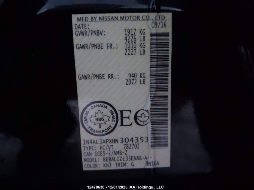 2017 Nissan Altima 2.5/S/Sv/Sl/Sr VIN: 1N4AL3APXHN304353 Lot: 12470638