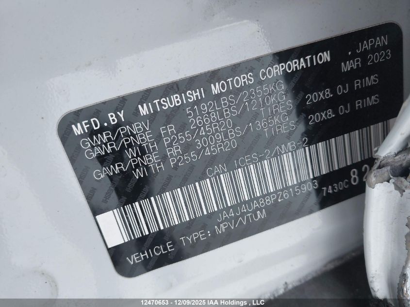 2023 Mitsubishi Outlander Le/Le Premium/Noir/Se/Sel VIN: JA4J4UA88PZ615903 Lot: 12470653