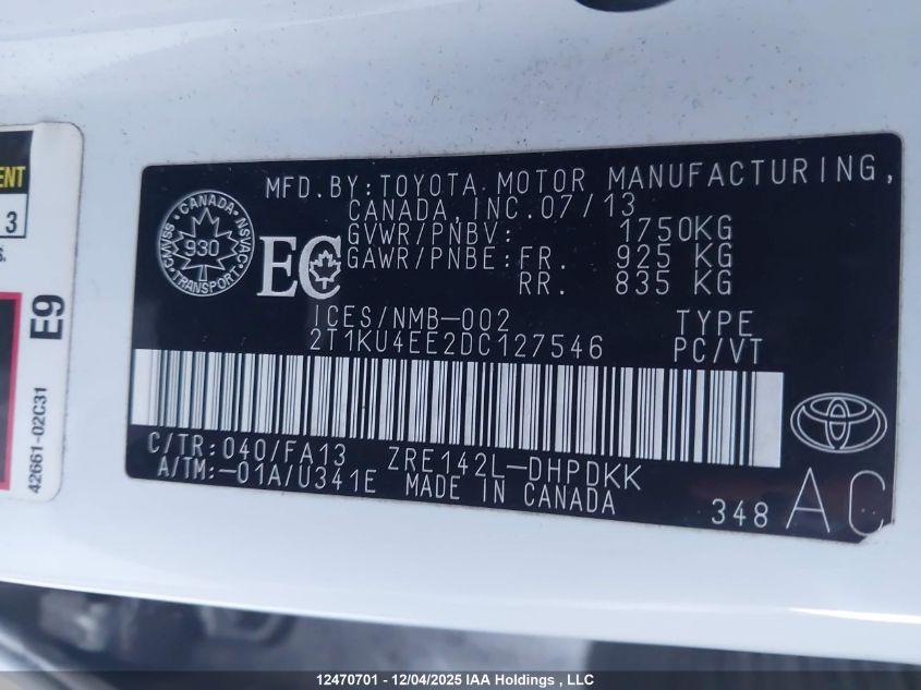 2013 Toyota Matrix VIN: 2T1KU4EE2DC127546 Lot: 12470701