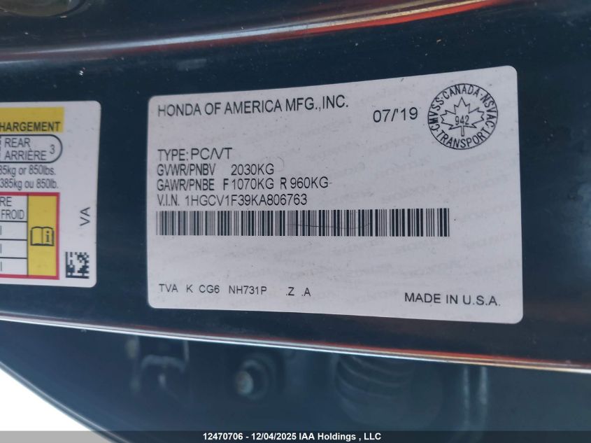 2019 Honda Accord Sport 1.5T VIN: 1HGCV1F39KA806763 Lot: 12470706