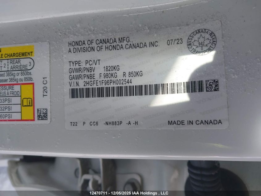 2023 Honda Civic VIN: 2HGFE1F96PH002544 Lot: 12470711