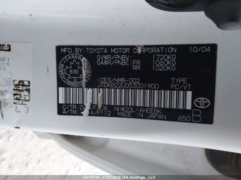 2005 Toyota Prius VIN: JTDKB22U053001900 Lot: 12470718