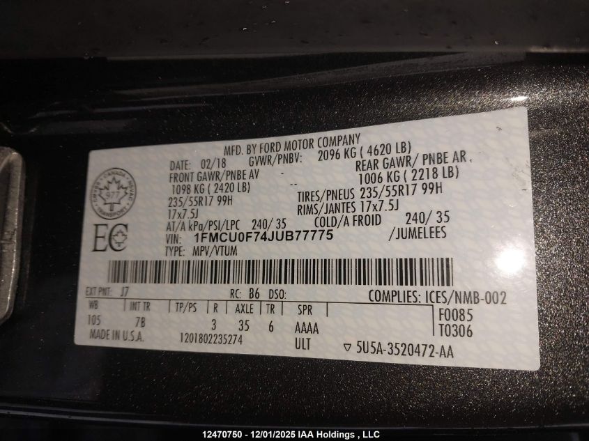 2018 Ford Escape S VIN: 1FMCU0F74JUB77775 Lot: 12470750