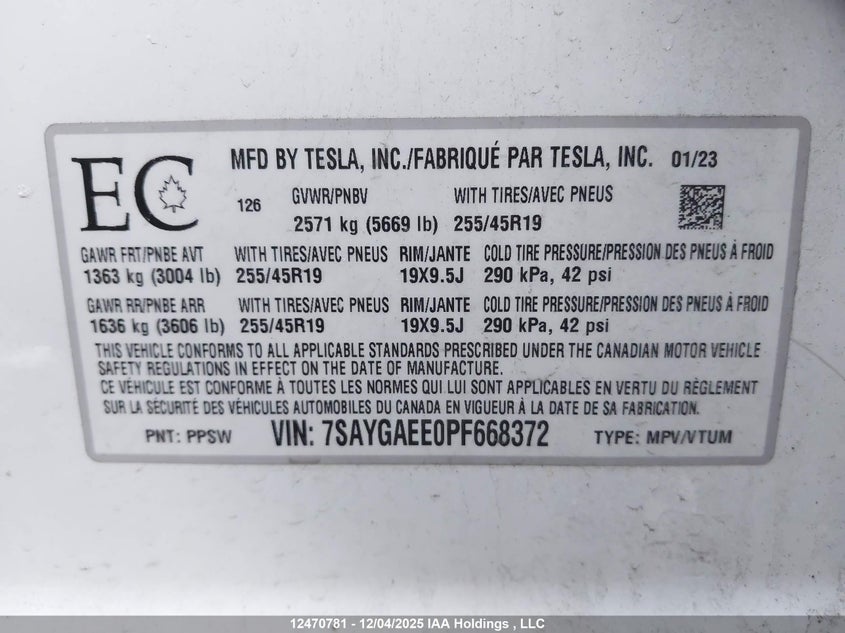 7SAYGAEE0PF668372 2023 TESLA MODEL Y photo no. 9