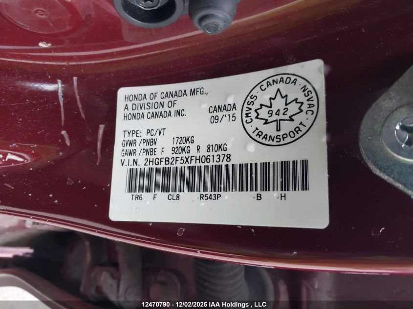 2015 Honda Civic Ex 4Dr VIN: 2HGFB2F5XFH061378 Lot: 12470790