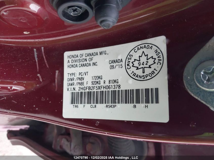 2015 Honda Civic Ex 4Dr VIN: 2HGFB2F5XFH061378 Lot: 12470790