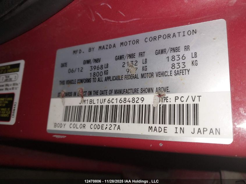2012 Mazda Mazda3 VIN: JM1BL1UF6C1684829 Lot: 12470806