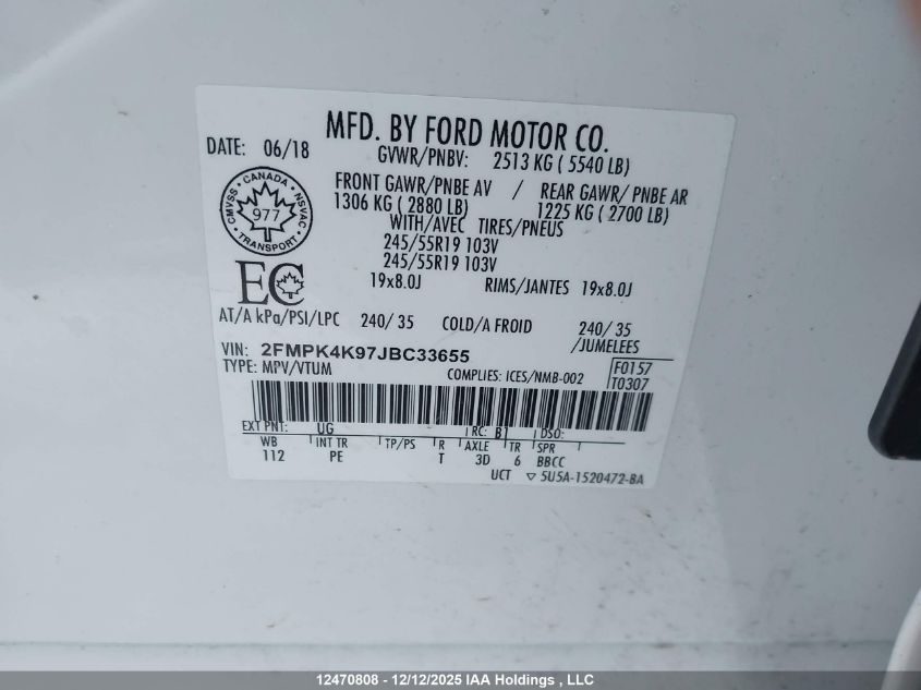 2018 Ford Edge Titanium VIN: 2FMPK4K97JBC33655 Lot: 12470808