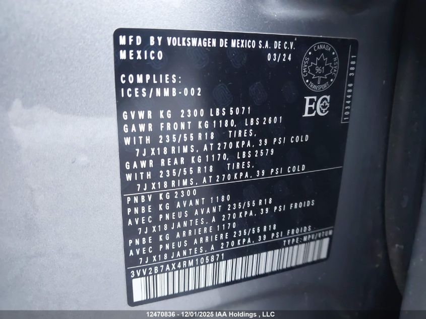 2024 Volkswagen Tiguan Se/Wolfsburg VIN: 3VV2B7AX4RM105871 Lot: 12470836