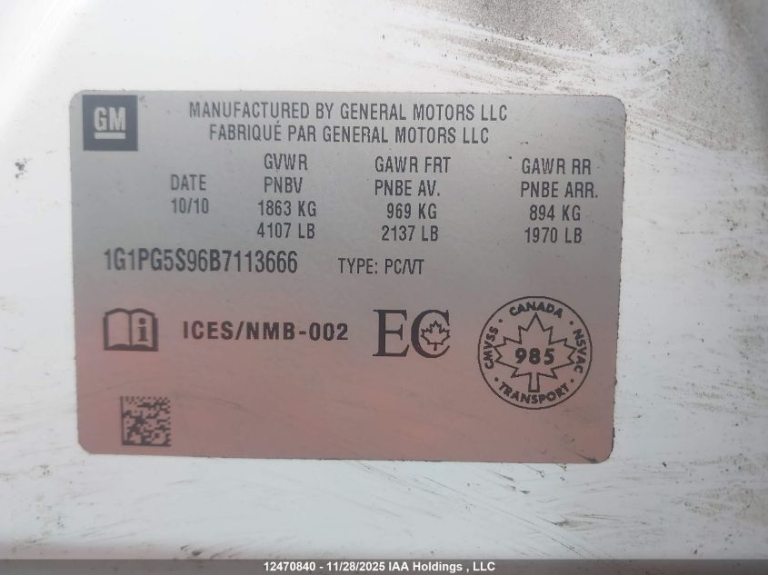 2011 Chevrolet Cruze Lt VIN: 1G1PG5S96B7113666 Lot: 12470840