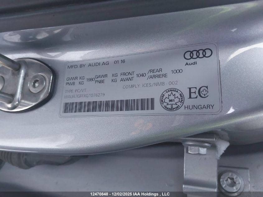 2016 Audi A3 VIN: WAUA7GFFXG1076279 Lot: 12470848