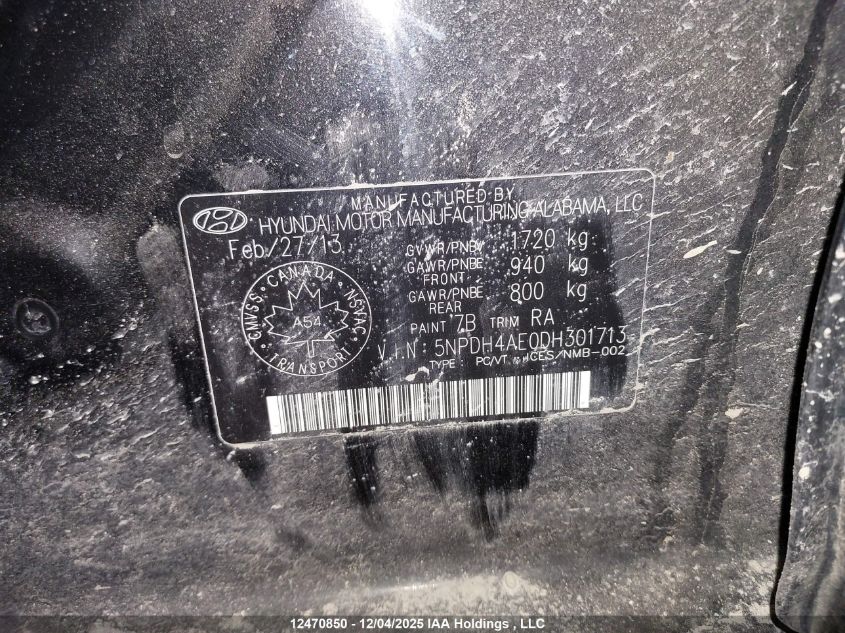 2013 Hyundai Elantra VIN: 5NPDH4AE0DH301713 Lot: 12470850