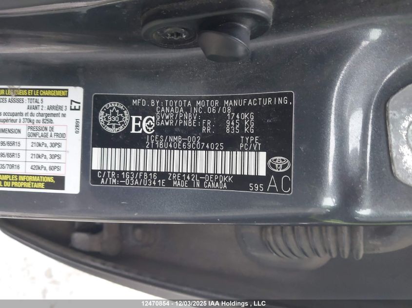 2009 Toyota Corolla VIN: 2T1BU40E69C074025 Lot: 12470854