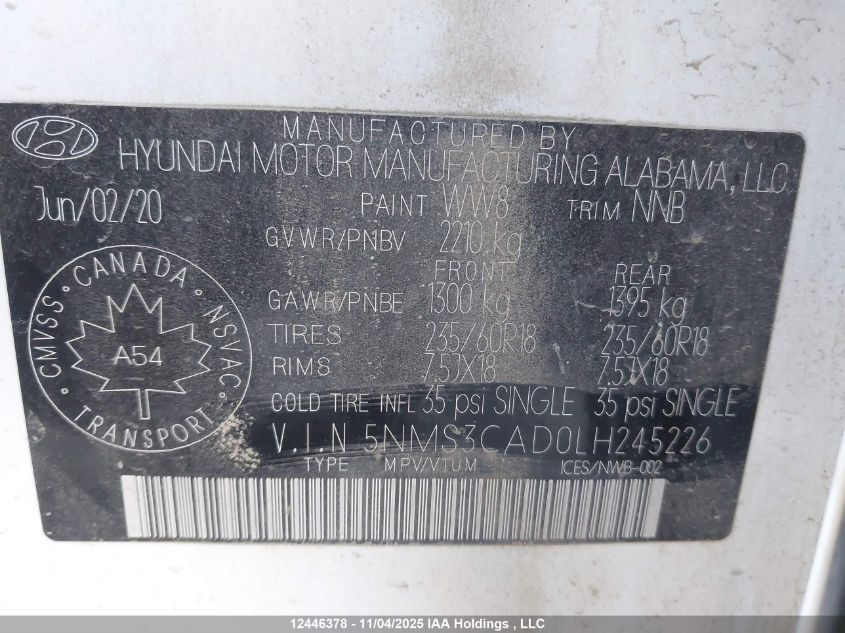 2020 Hyundai Santa Fe Preferred Awd With Sun And Leather Package VIN: 5NMS3CAD0LH245226 Lot: 12446378X
