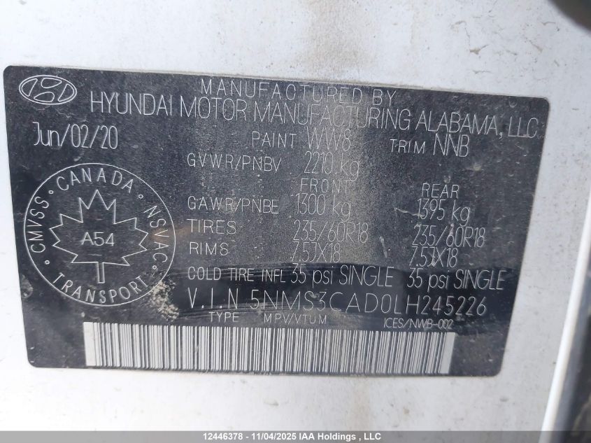 2020 Hyundai Santa Fe Preferred Awd With Sun And Leather Package VIN: 5NMS3CAD0LH245226 Lot: 12446378X