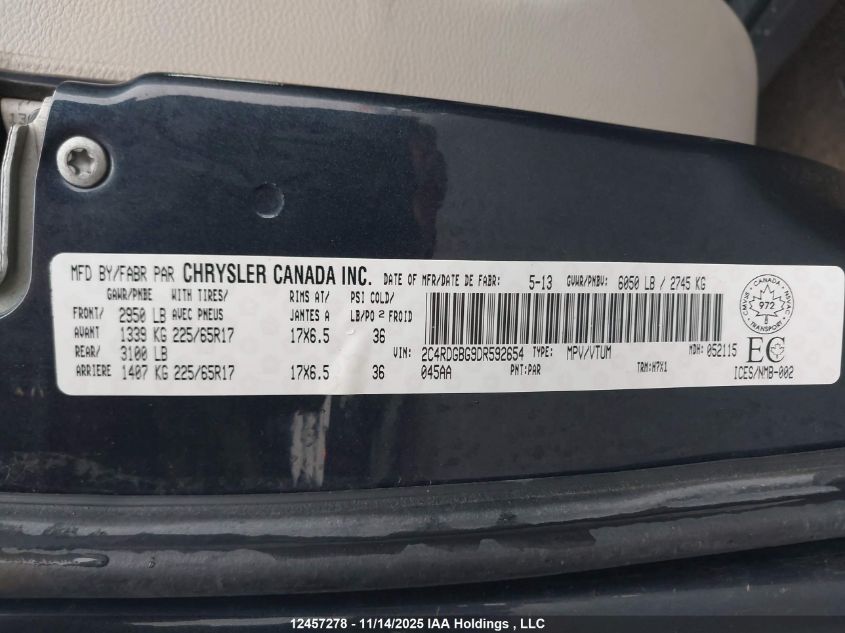 2013 Dodge Grand Caravan Se/Sxt VIN: 2C4RDGBG9DR592654 Lot: 12457278X