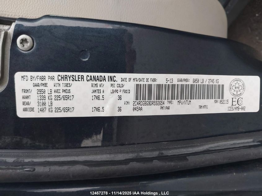 2013 Dodge Grand Caravan Se/Sxt VIN: 2C4RDGBG9DR592654 Lot: 12457278X