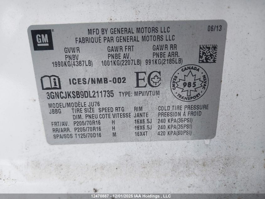 2013 Chevrolet Trax Ls VIN: 3GNCJKSB9DL211735 Lot: 12470887