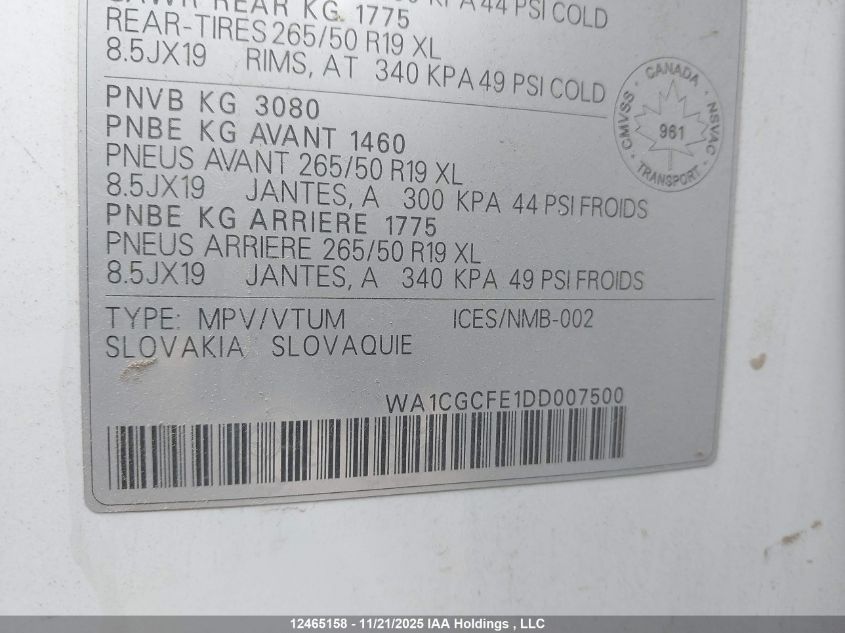 2013 Audi Q7 3.0T VIN: WA1CGCFE1DD007500 Lot: 12465158X