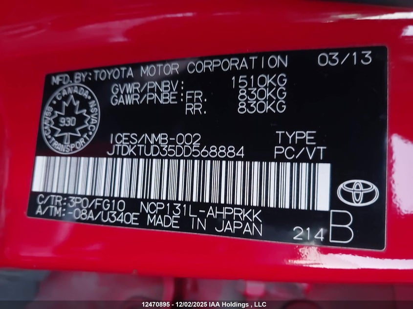 JTDKTUD35DD568884 2013 TOYOTA YARIS photo no. 9