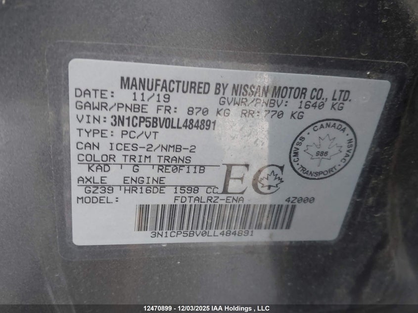 2020 Nissan Kicks S VIN: 3N1CP5BV0LL484891 Lot: 12470899