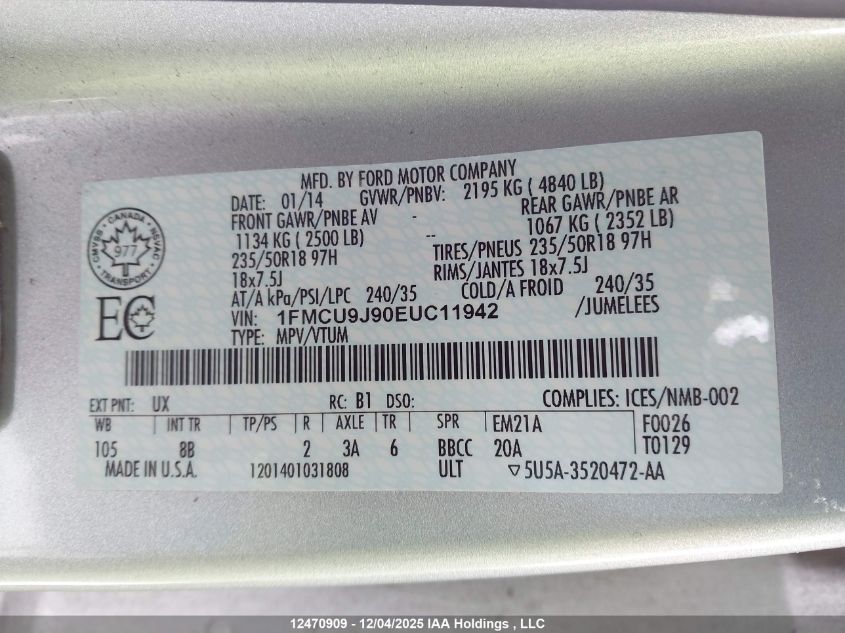 2014 Ford Escape Titanium VIN: 1FMCU9J90EUC11942 Lot: 12470909