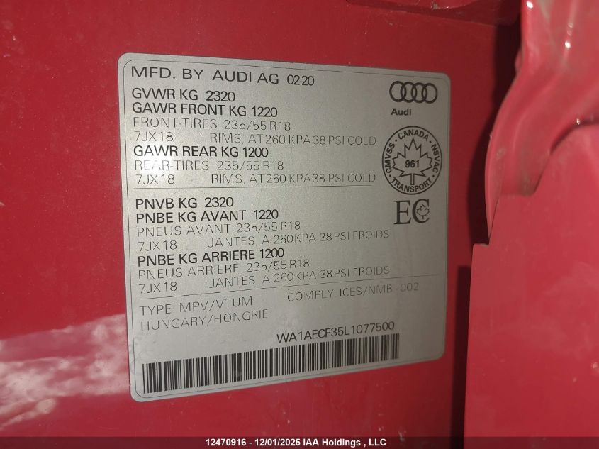 2020 Audi Q3 45 Komfort VIN: WA1AECF35L1077500 Lot: 12470916