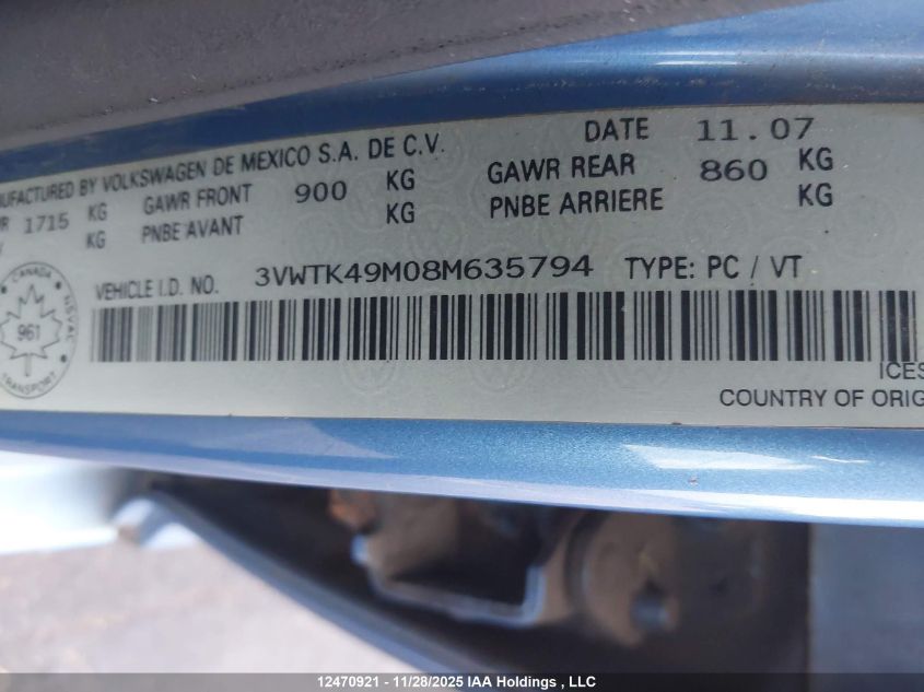 2008 Volkswagen City Jetta VIN: 3VWTK49M08M635794 Lot: 12470921