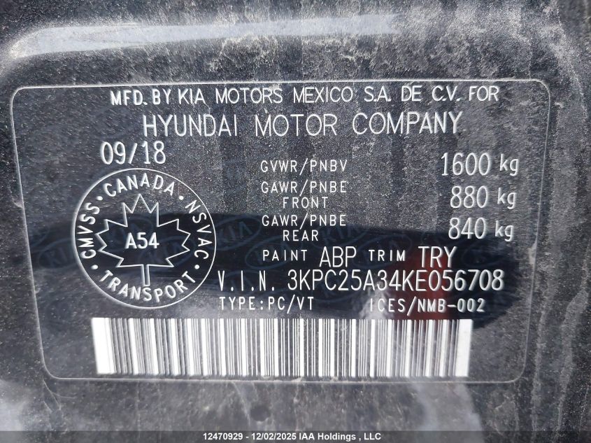 2019 Hyundai Accent Se/Sel VIN: 3KPC25A34KE056708 Lot: 12470929