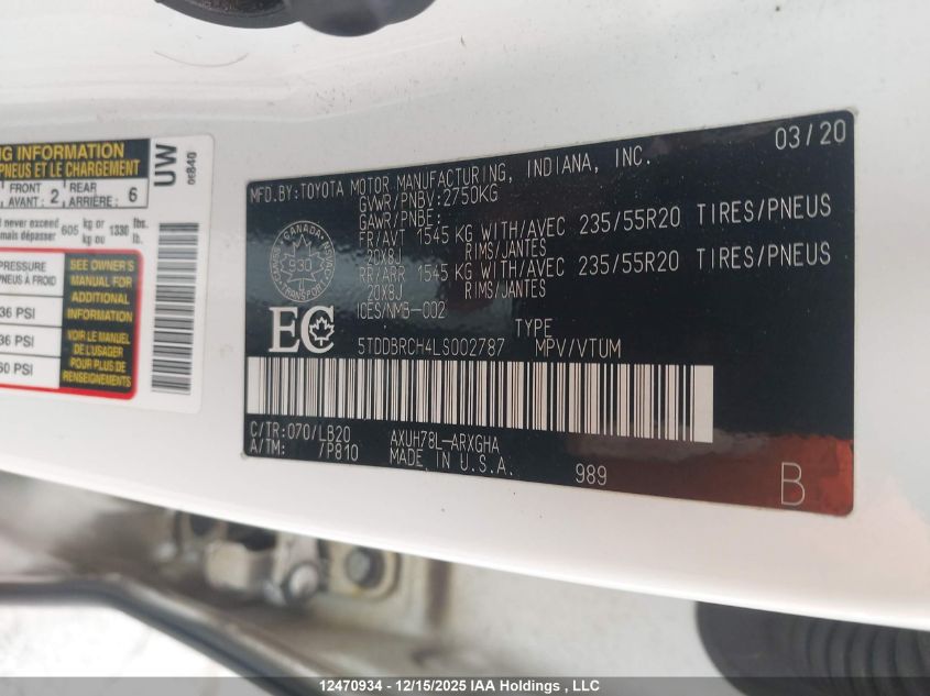 2020 Toyota Highlander Hybrid Limited VIN: 5TDDBRCH4LS002787 Lot: 12470934