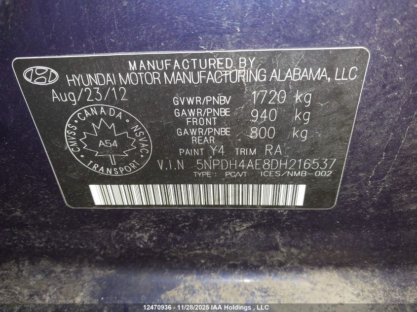 2013 Hyundai Elantra VIN: 5NPDH4AE8DH216537 Lot: 12470936