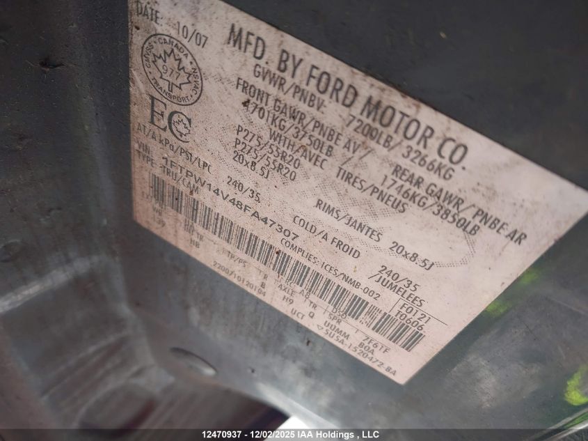 2008 Ford F-150 Fx4/King Ranch/Lariat/Xlt VIN: 1FTPW14V48FA47307 Lot: 12470937