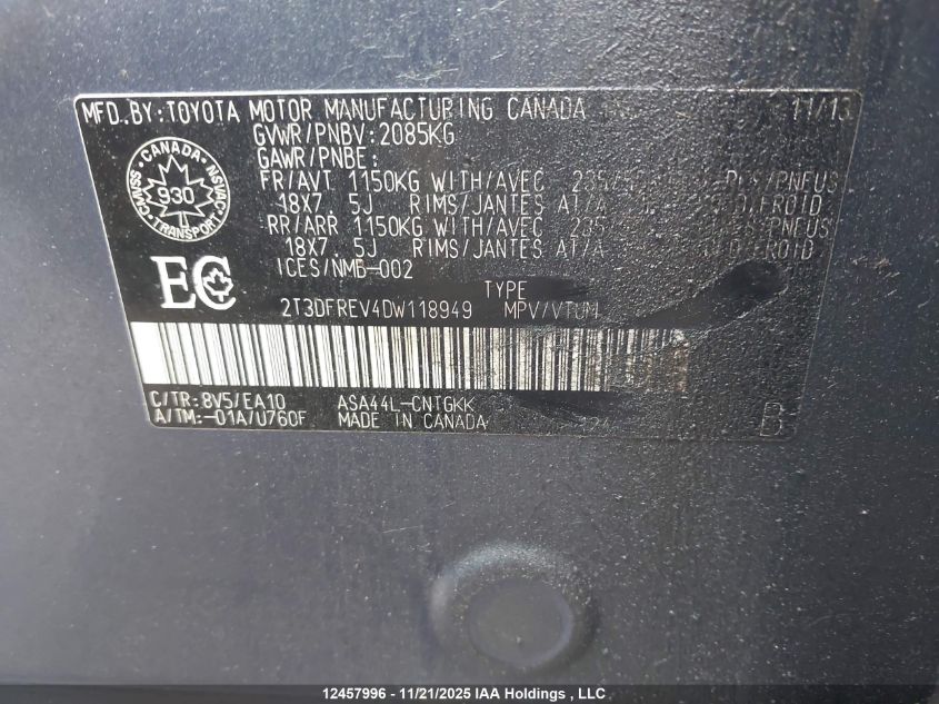 2013 Toyota Rav4 Limited VIN: 2T3DFREV4DW118949 Lot: 12457996X