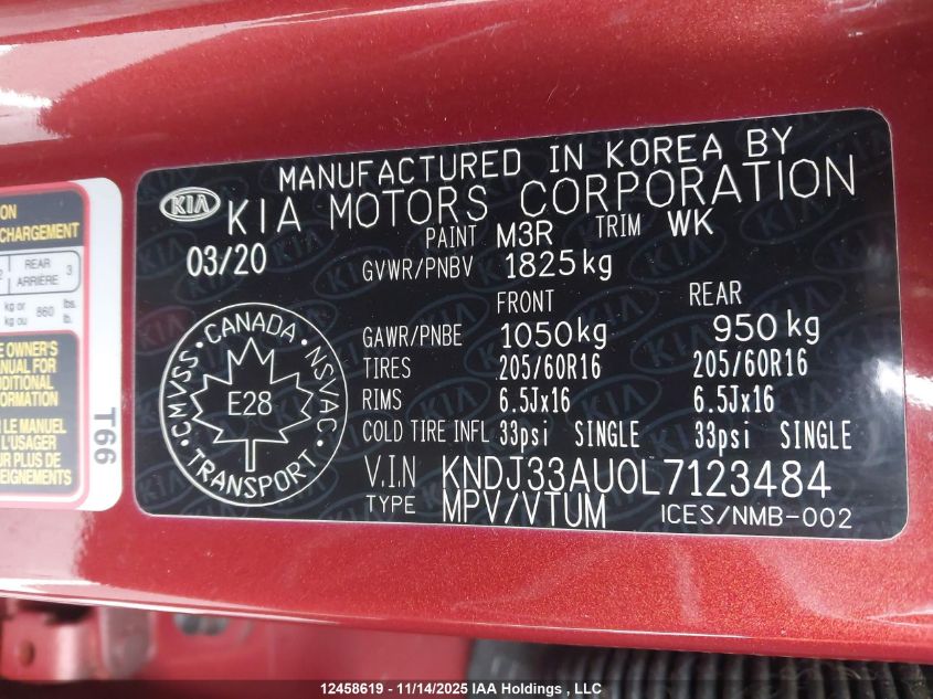 2020 Kia Soul Ex/Ex Anniversary Edition/Ex Limited/Ex Premium/Ex+/Gt-Line Limited/Gt-Line Premium VIN: KNDJ33AU0L7123484 Lot: 12458619X