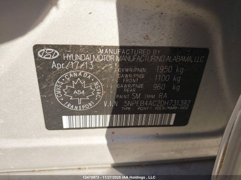 2013 Hyundai Sonata Gl VIN: 5NPEB4AC2DH731392 Lot: 12470973