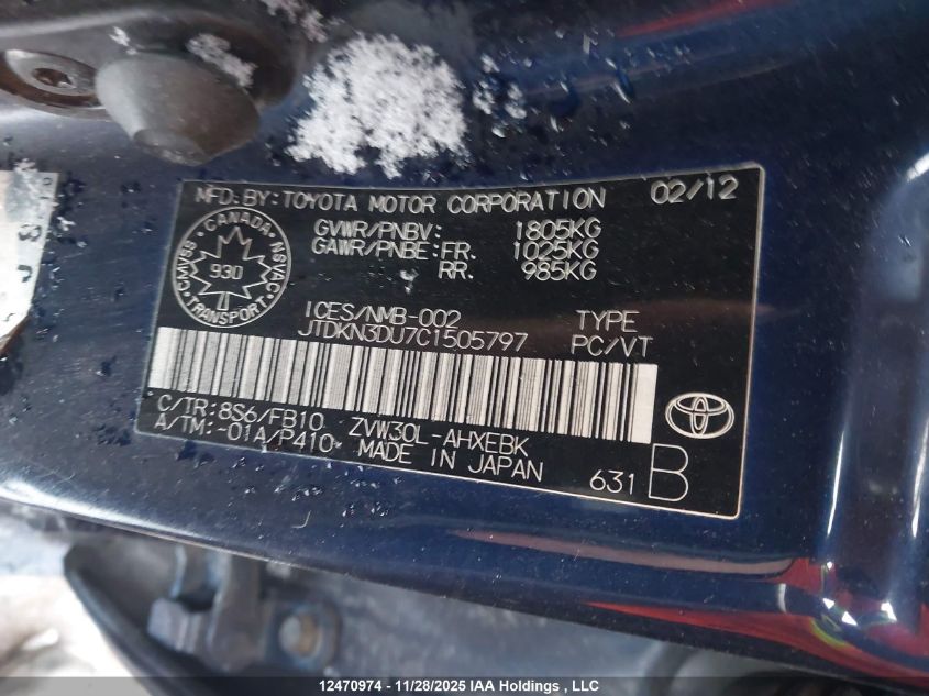 2012 Toyota Prius VIN: JTDKN3DU7C1505797 Lot: 12470974