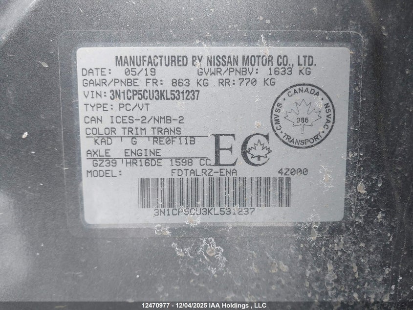 3N1CP5CU3KL531237 2019 NISSAN KICKS photo no. 9