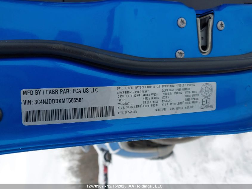 2021 Jeep Compass VIN: 3C4NJDDBXMT565581 Lot: 12470987