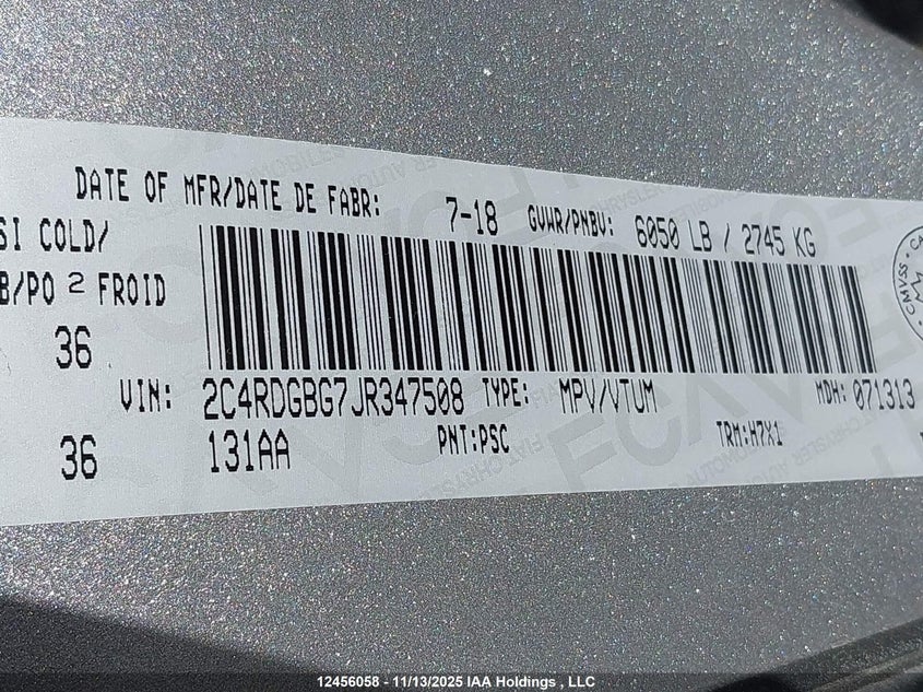 2018 Dodge Grand Caravan Cvp/Sxt VIN: 2C4RDGBG7JR347508 Lot: 12456058X