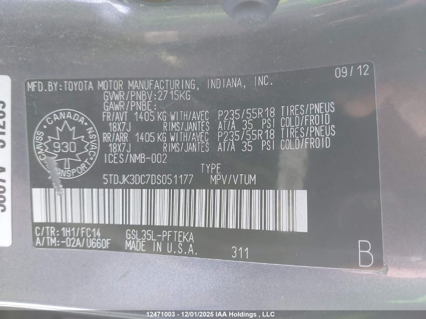 2013 Toyota Sienna VIN: 5TDJK3DC7DS051177 Lot: 12471003