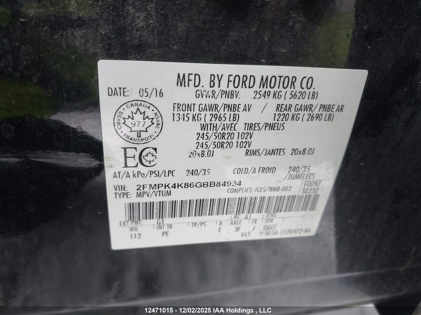 2FMPK4K86GBB84934 2016 FORD EDGE photo no. 18