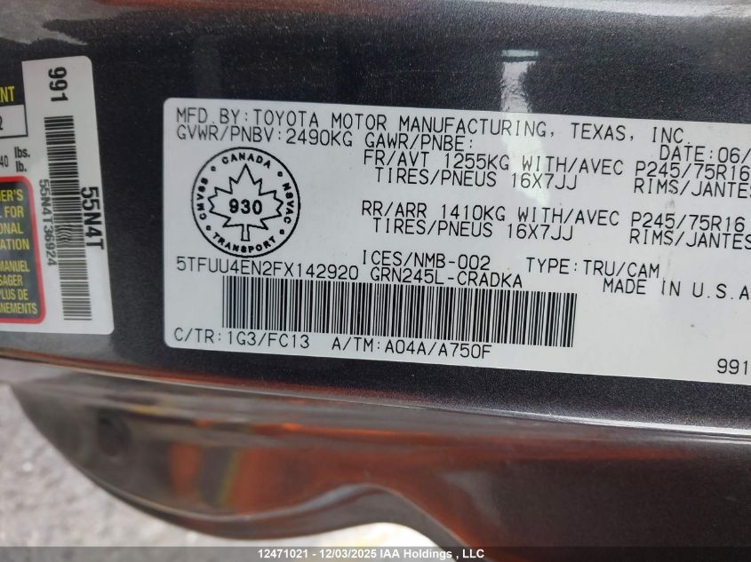 2015 Toyota Tacoma Base V6 VIN: 5TFUU4EN2FX142920 Lot: 12471021