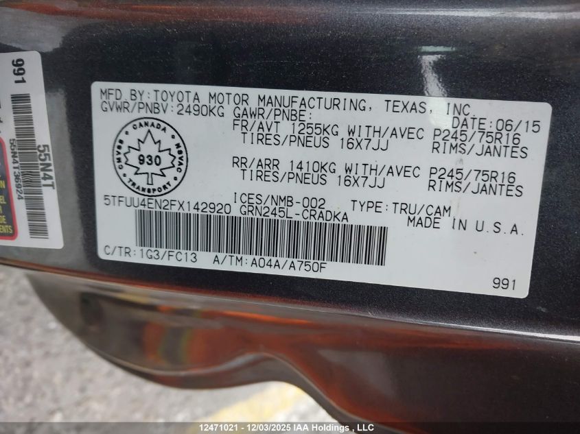 2015 Toyota Tacoma Base V6 VIN: 5TFUU4EN2FX142920 Lot: 12471021