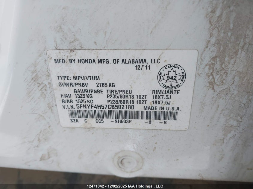 5FNYF4H57CB502180 2012 HONDA PILOT photo no. 18
