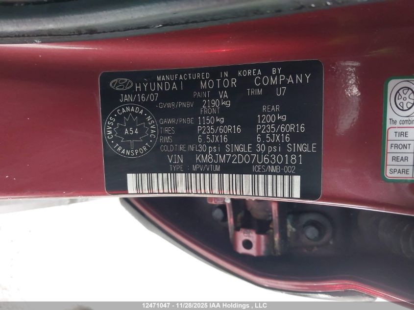 2007 Hyundai Tucson Gl/Gls VIN: KM8JM72D07U630181 Lot: 12471047