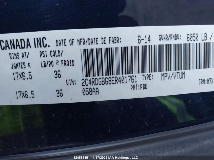 2014 Dodge Grand Caravan Se/Sxt VIN: 2C4RDGBG8ER401761 Lot: 12458819X